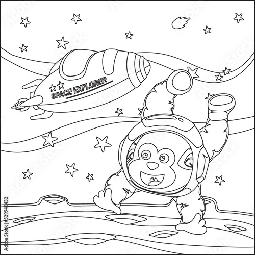 Vector children's coloring book. Cute monkey astronaut flies in space. Around the star and planet. Children's coloring book