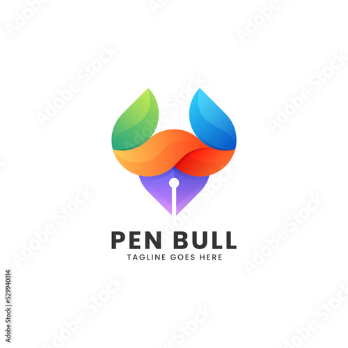 Vector Logo Illustration Pen Bull Gradient Colorful Style.