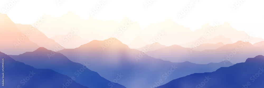 Obraz premium Sunrise in the mountains, mountain ranges in the morning haze, panoramic view, vector illustration