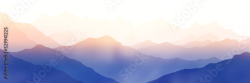 Sunrise in the mountains, mountain ranges in the morning haze, panoramic view, vector illustration