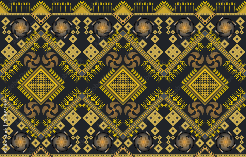 Asian Chinese style tribal fabric textile geometric pattern golden color concept. Design for carpet, curtain, embroidery, clothing, wrapping, batik, wallpaper, background seamless vector illustration