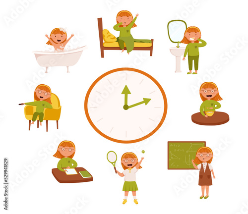 A cute happy girl daily routine vector illustration. Cheerful girl wakes up and performs routine daily activities. Scheduler. Brushing teeth, studying at school, tennis, homework, evening bath. Ideal