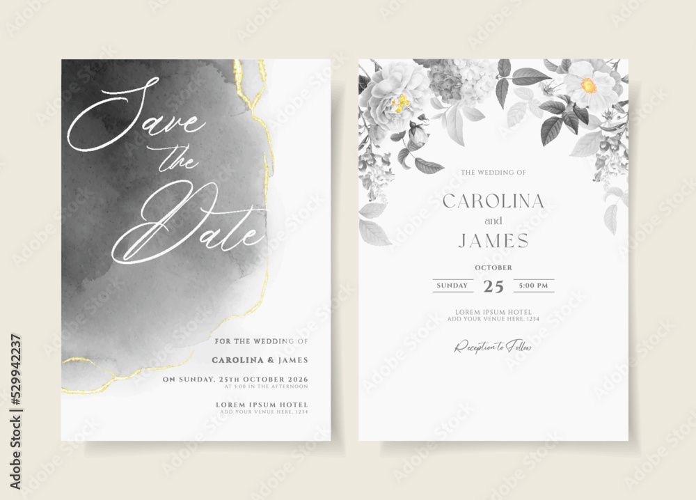 Wedding invitation card template set with floral and leaves decoration