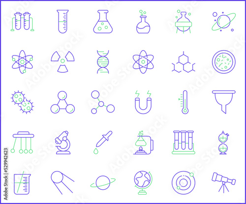 Simple Set of science Related Vector Line Icons.  Contains such Icons as atom  molecule  laboratory  planet  physics  experiment  microscope  chemical and more.