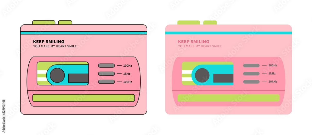 Fototapeta premium Cute, analog, retro style portable cassette player illustration graphics. An old-fashioned audio electronic device.