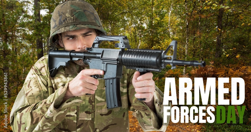 Digital composite image of armed forces day text on caucasian young male soldier with rifle