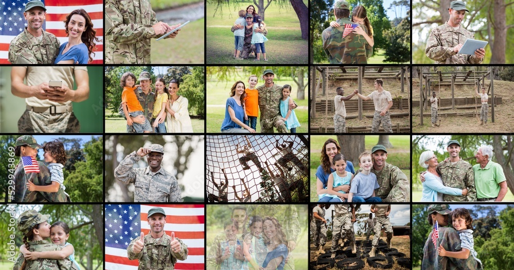 Digital composite collage of multiracial soldiers with multiracial family