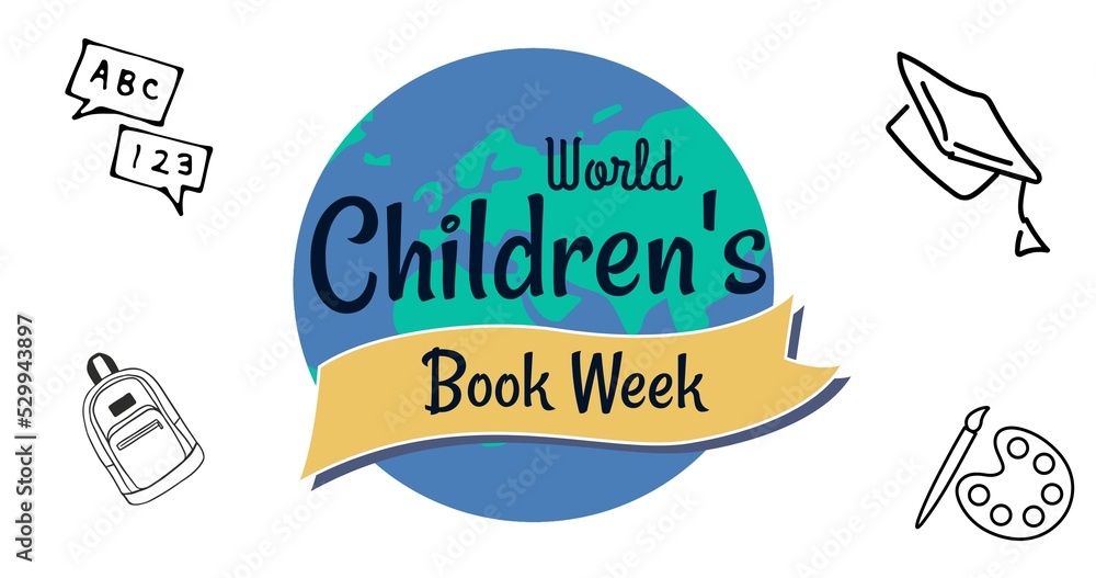 Vector image various icons by world children's book week text on globe