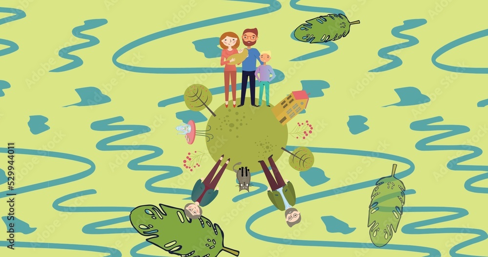 Digitally generated image of people on small green sphere against abstract background pattern Digitally generated image of people on small green sphere against abstract background pattern