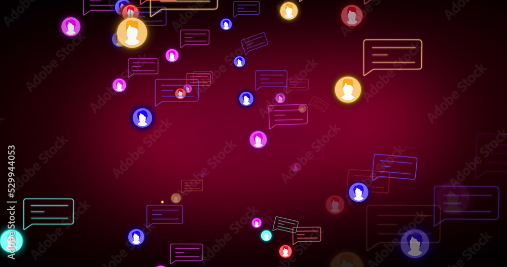 Image of social media icons and speech bubbles on red background Image of social media icons and speech bubbles on red background