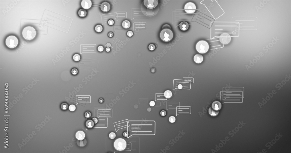 Image of media icons and speech bubbles on gray background Image of media icons and speech bubbles on gray background