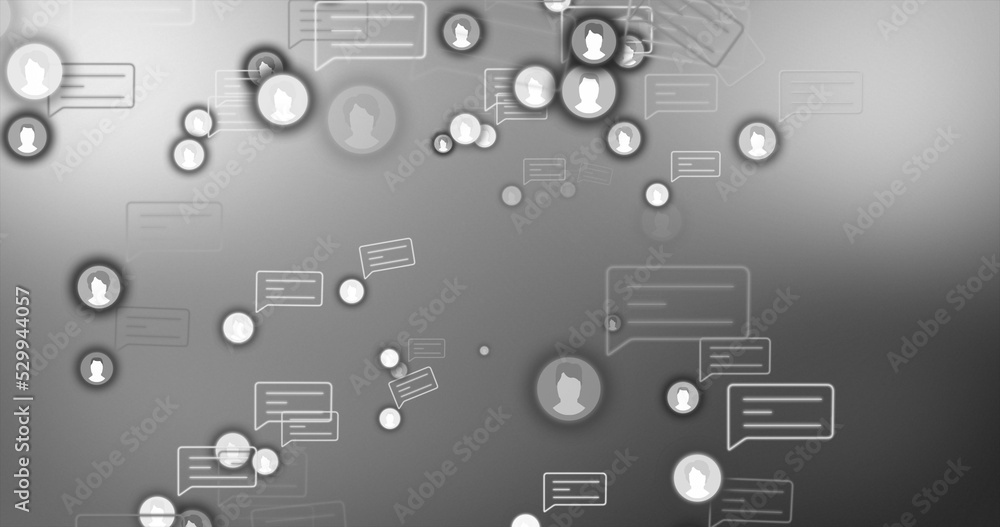 Image of media icons and speech bubbles on gray background Image of media icons and speech bubbles on gray background