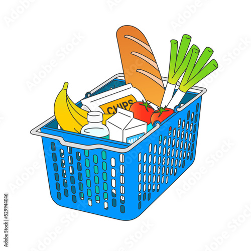 Blue shopping basket filled with food and beverages