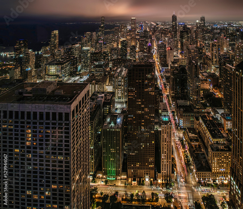 Aerial view of Skyline of Chicago (IL) USA at sunset.