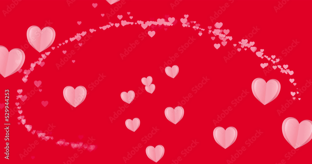 Image of pink hearts icons floating on red background Image of pink hearts icons floating on red background