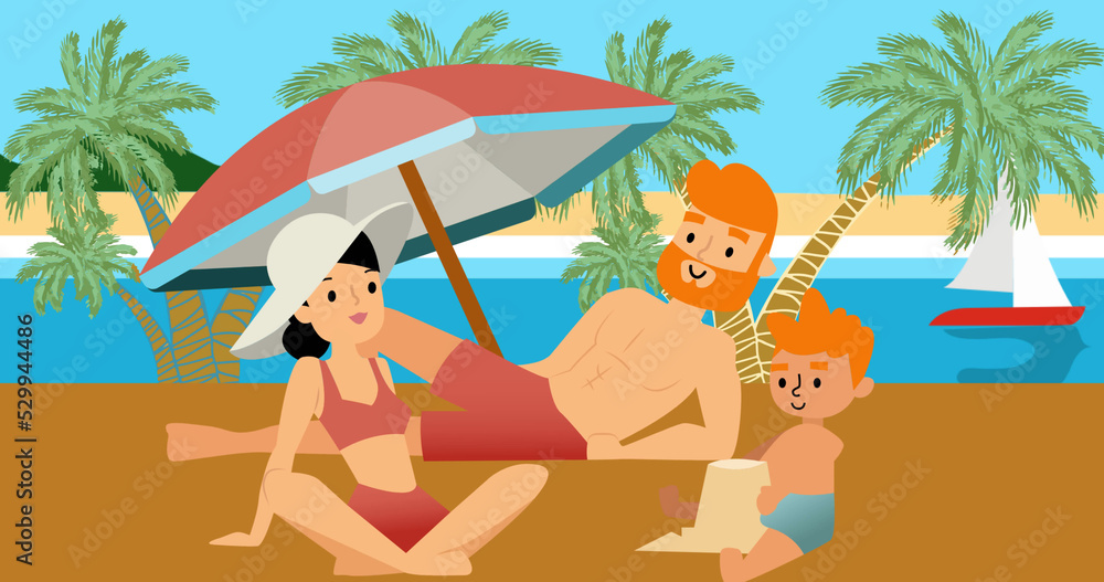 Composition of family at beach on blue background