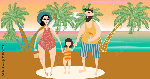 Image of family together at beach on orange background