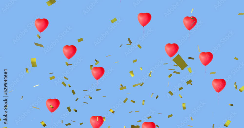 Confetti falling over multiple heart shaped balloons floating on blue background Confetti falling over multiple heart shaped balloons floating on blue background