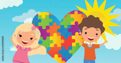 Image of heart in autism awareness puzzles over girl and boy with sun on blue sky