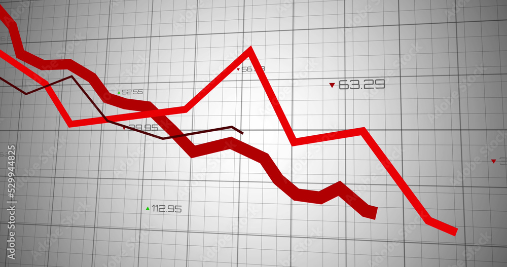 Image of red lines and financial data processing over grid