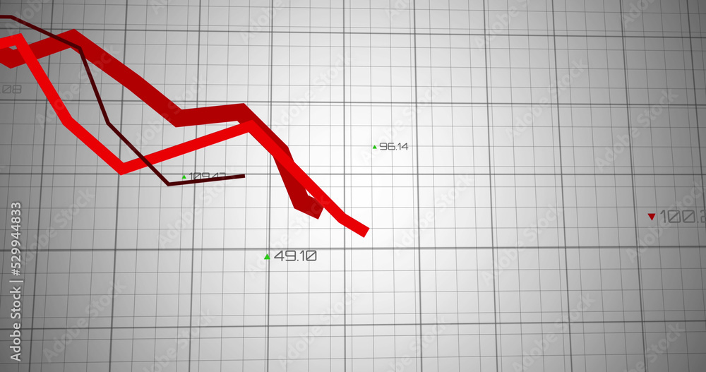 Fototapeta premium Image of red lines and financial data processing over grid
