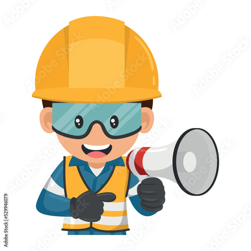 Industrial worker making an announcement with a megaphone. Site supervisor engineer with personal protective equipment. Industrial safety and occupational health at work