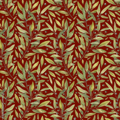 Seamless pattern with olive branch on a red backdrop  hand-drawn in watercolor. Elegant background for cosmetics  fabric  soap packaging  oil packaging  wrapping paper.