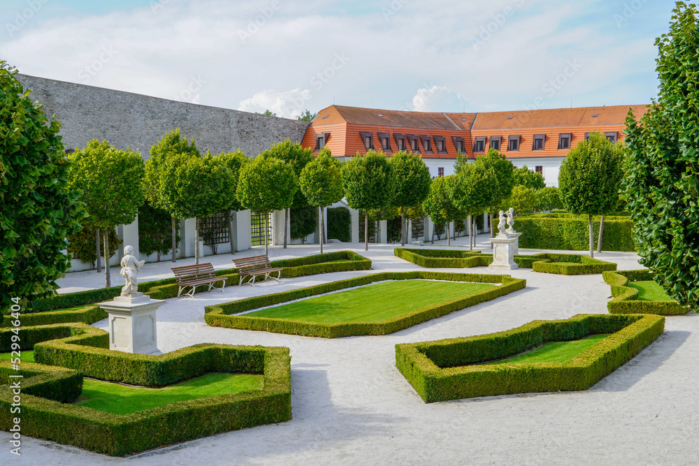 Bratislava, Slovakia - Aug 28, 2022:Restored baroque garden Bratislava Castle. Bratislava, capital of Slovakia.