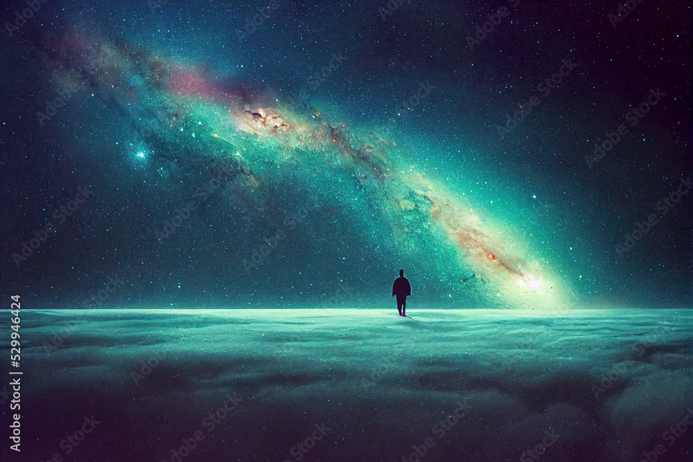 Fantastic landscape with a man backdrop of universe. Alone at the end of the universe. 3D illustration Fantastic landscape with a man backdrop of universe. Alone at the end of the universe. 3D illustration