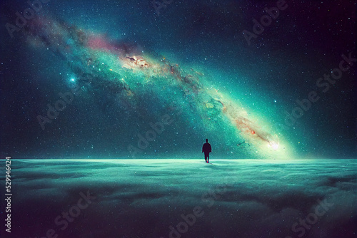 Fantastic landscape with a man backdrop of universe. Alone at the end of the universe. 3D illustration