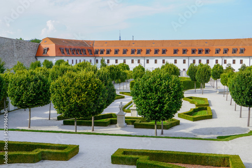 Photography Bratislava, Slovakia - Aug 28, 2022:Beautiful gardens and the front of Bratislav