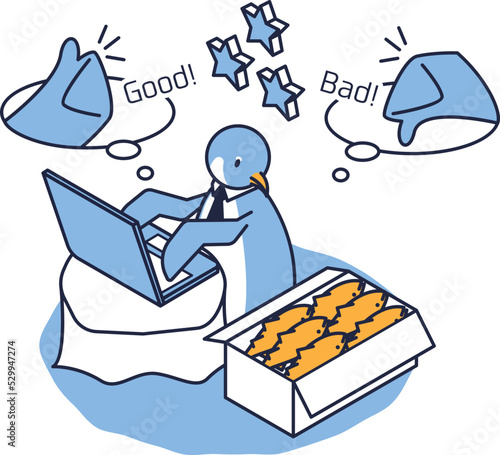 オンラインショップで購入した物を評価するペンギン