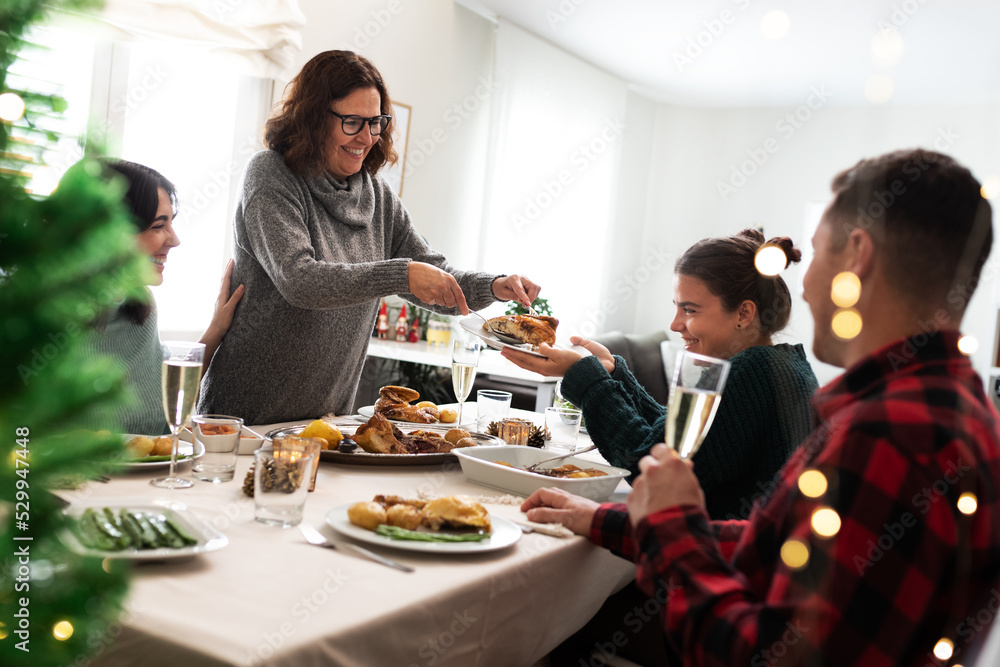 Happiness for Christmas. Smiling caucasian family have Christmas meal together. Mother serves daughter roasted chicken. Happiness for Christmas. Smiling caucasian family have Christmas meal together. Mother serves daughter roasted chicken.