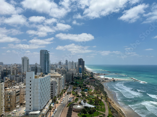 View of the waterfront coastline with hotels in Netanya in Israel. © Uri