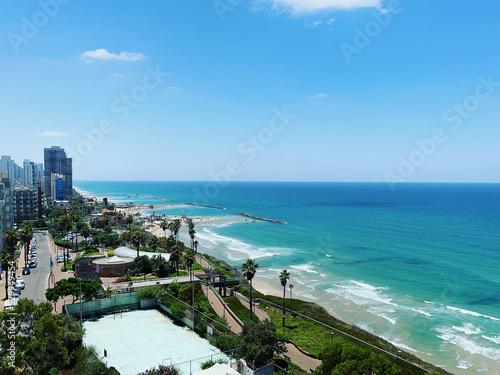 View of the waterfront coastline with hotels in Netanya in Israel. photo