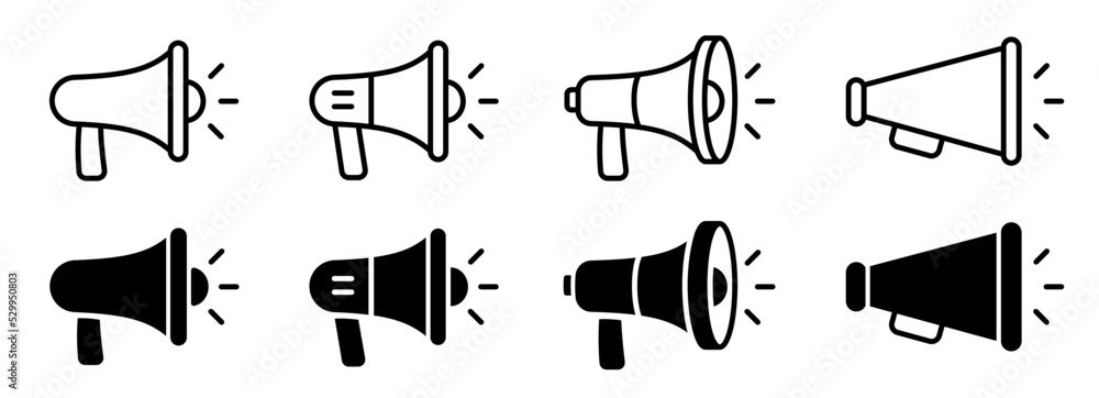 Loudspeaker megaphone icon set. Megaphone icon set. Electric megaphone with sound or marketing advertising. Megaphone icon, loud speaker icon - obrazy, fototapety, plakaty 