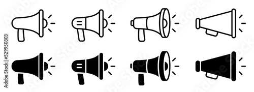 Loudspeaker megaphone icon set. Megaphone icon set. Electric megaphone with sound or marketing advertising. Megaphone icon, loud speaker icon photo