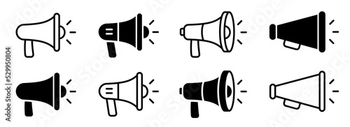 Loudspeaker megaphone icon set. Megaphone icon set. Electric megaphone with sound or marketing advertising. Megaphone icon, loud speaker icon