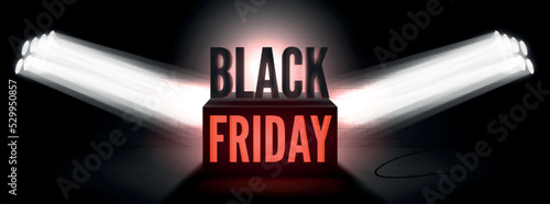 Black friday minimalistic vector wide poster template. Spotlight illuminating coming discounts advert and 3d glowign box. Trendy sale offer on dark background. Special price banner design