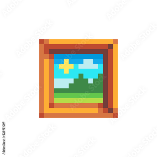 Landscape picture frame on the wall. Pixel art icon. Vector template. 8-bit. Isolated illustration. 
