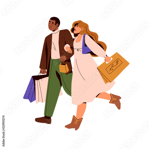 Love couple walking, carrying shopping bags after fashion clothes sale. Happy man and woman, wife and husband shoppers going with purchases. Flat vector illustration isolated on white background