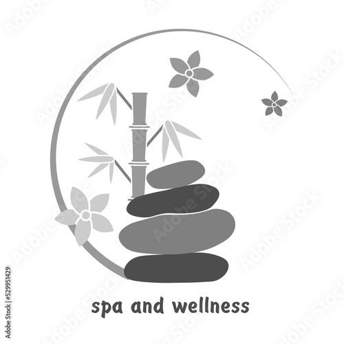 Spa and wellness logo in gray. Bamboo and stones for spa design. Stones for massage. Chinese massage, Thai massage. Wellness massage. Relaxation. Vector for your design. EPS10.