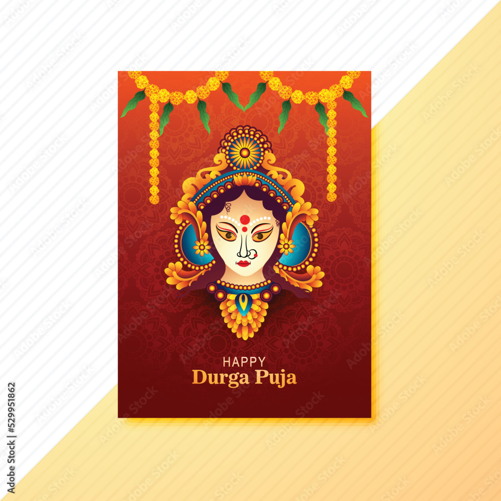Illustration of goddess durga face in happy durga puja brochure design