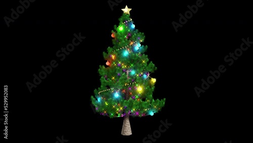 3d rendering motion looping of beautiful Christmas tree with a gold star and light decoration on black background with luma matte in the end section.