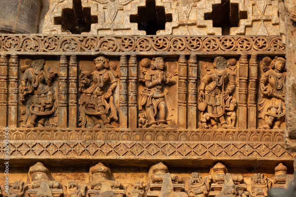 The Sculpture of Dancers on the Hoysaleshwara Temple, Halebeedu, Karnataka, India.