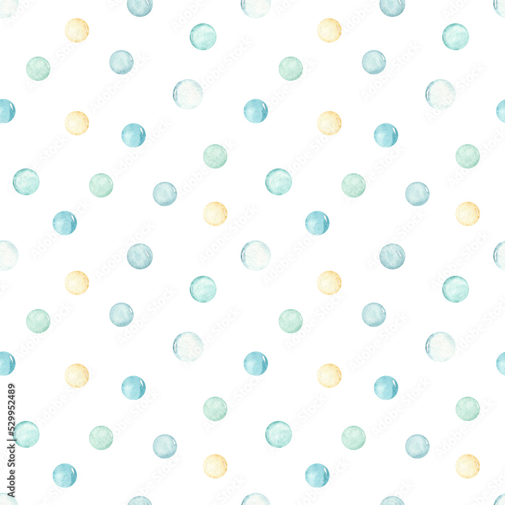 Watercolor seamless pattern with bubbles, circles, balls, dots in blue, green, yellow on a white background
