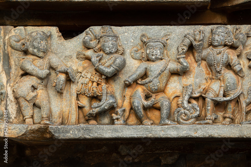 The Sculpture of Hindu God and Goddess on the Hoysaleshwara Temple, Halebeedu, Hassan, Karnataka, India. photo