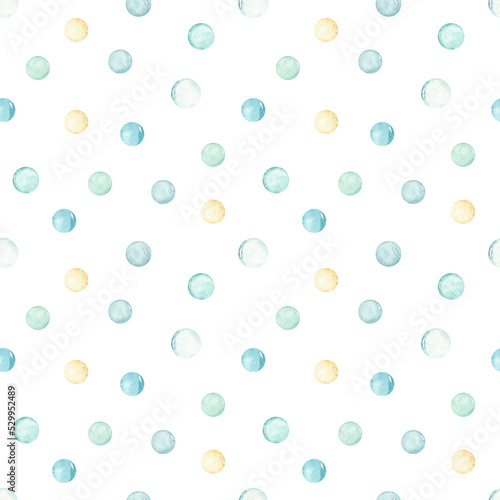 Watercolor seamless pattern with bubbles  circles  balls  dots in blue  green  yellow on a white background