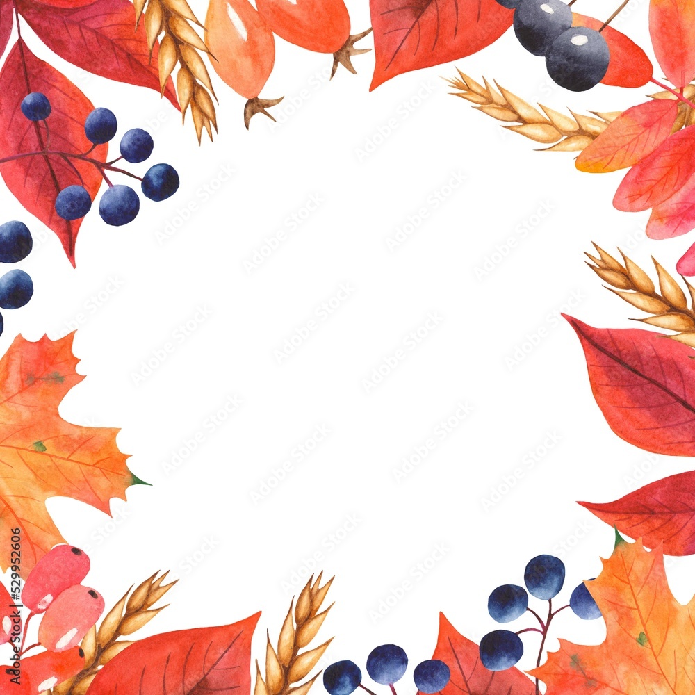 Watercolor frame with autumn leaves and berries square for invitation ...