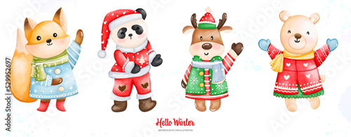 Watercolor Christmas and winter fox  panda  deer  bear in winter clothing  Watercolor illustration